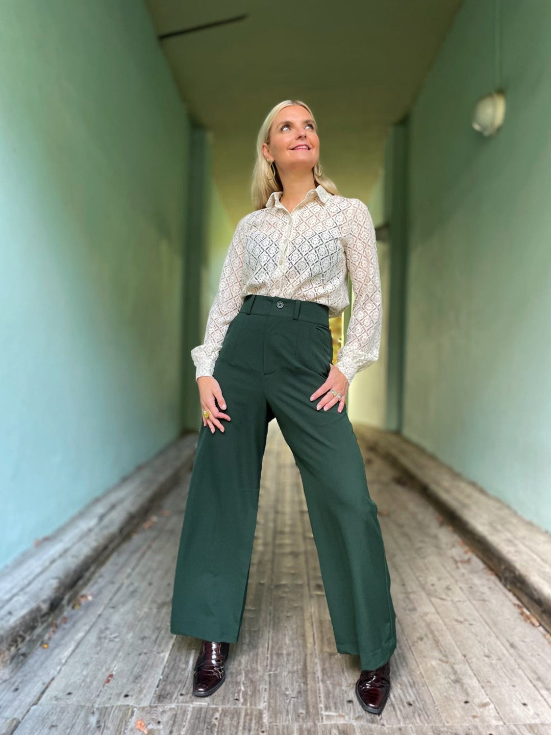 Dianas Vintage bukser Hepburn Pants med gylf - bukse med høyt liv - mørk grønn